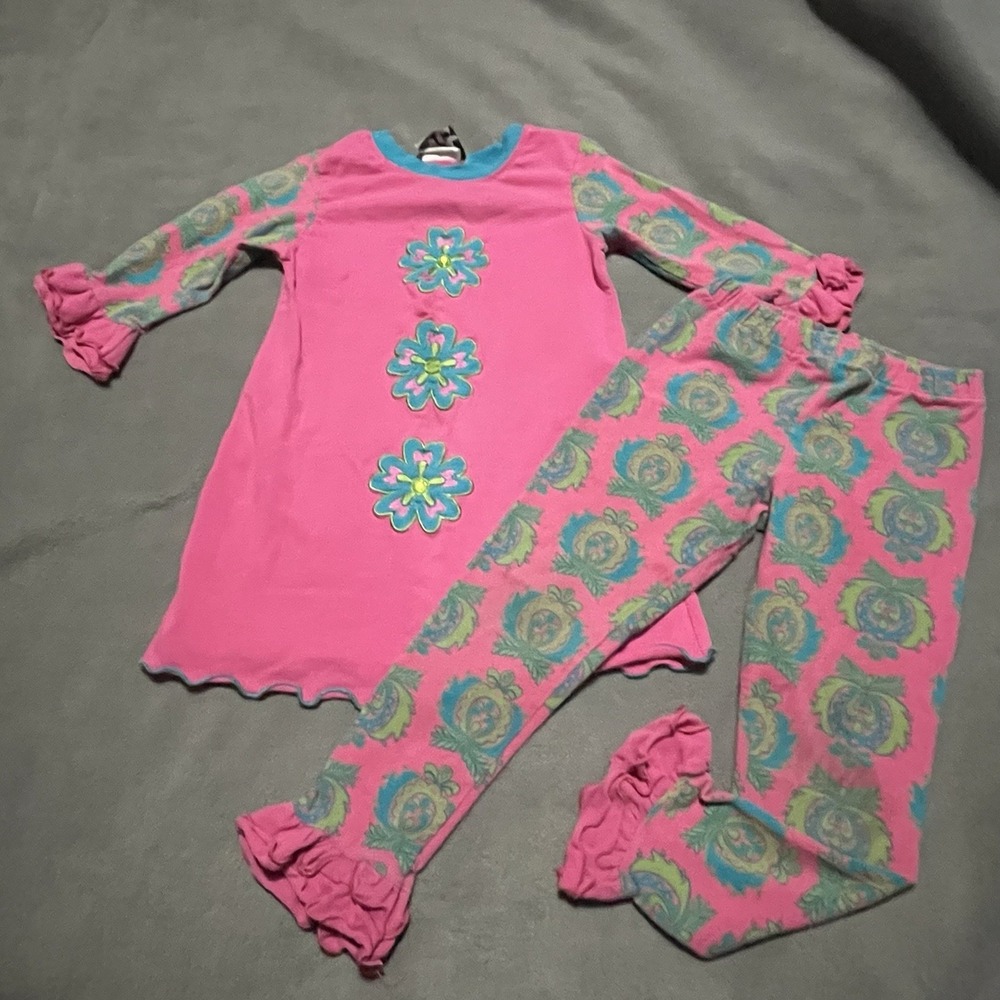 Rare Editions Sz 6 Girls 2pc Floral Tunic Outfit / Leggings Pink Blue Ruffle